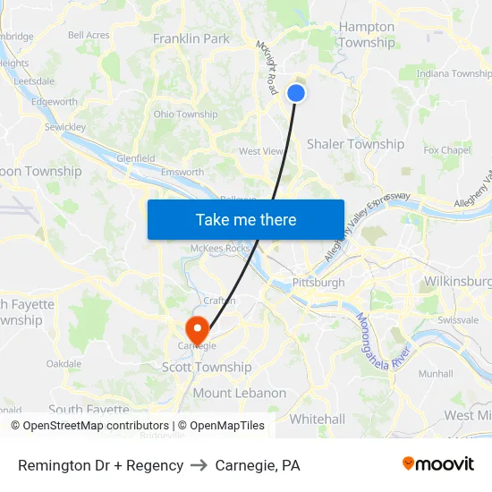 Remington Dr + Regency to Carnegie, PA map