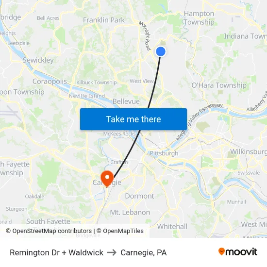 Remington Dr + Waldwick to Carnegie, PA map