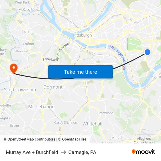 Murray Ave + Burchfield to Carnegie, PA map