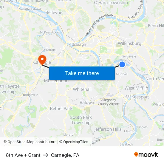 8th Ave + Grant to Carnegie, PA map