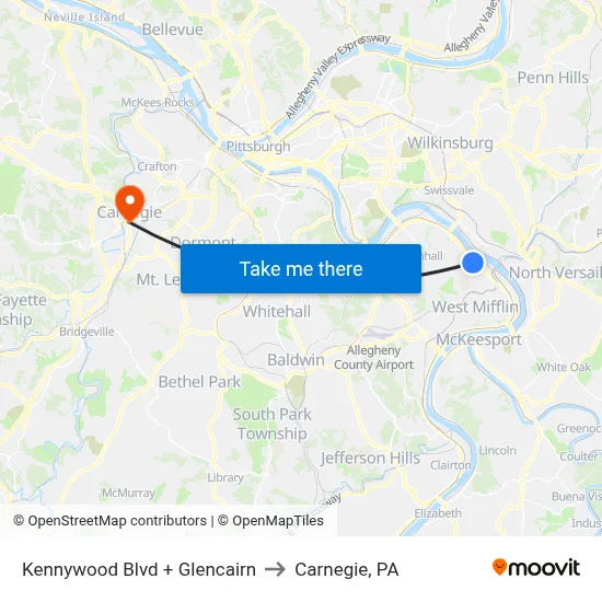Kennywood Blvd + Glencairn to Carnegie, PA map