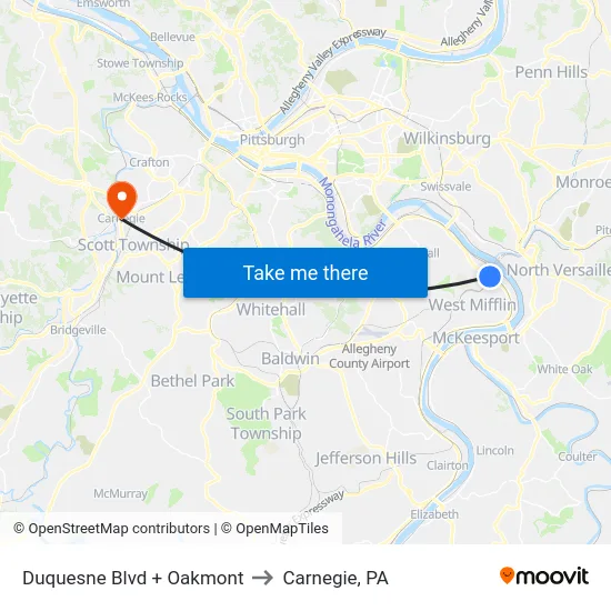 Duquesne Blvd + Oakmont to Carnegie, PA map