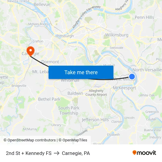 2nd St + Kennedy FS to Carnegie, PA map
