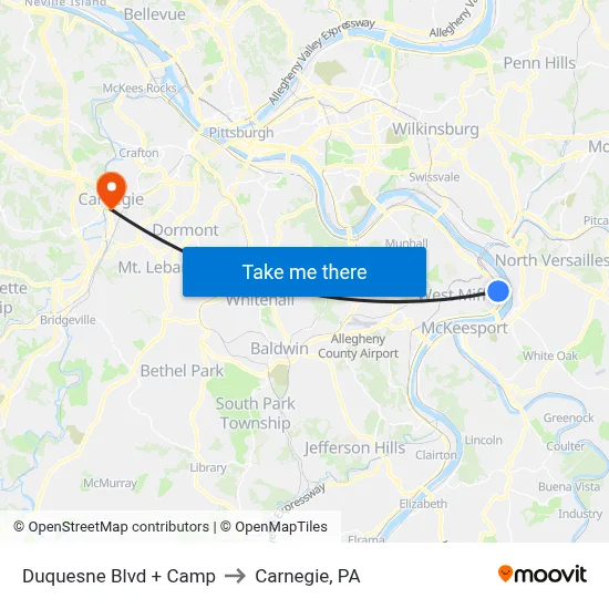 Duquesne Blvd + Camp to Carnegie, PA map
