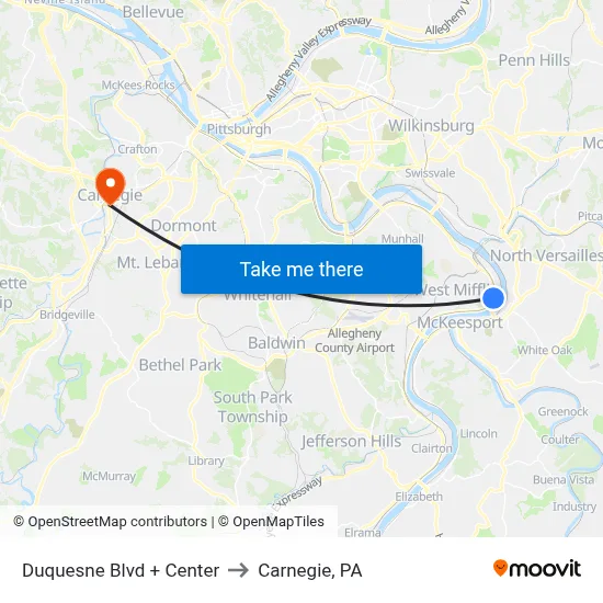Duquesne Blvd + Center to Carnegie, PA map
