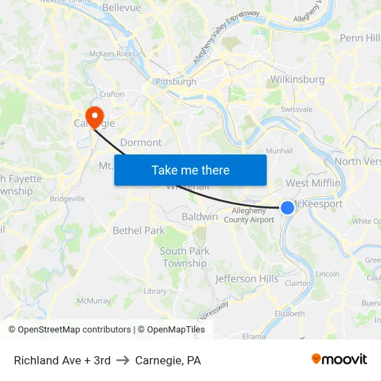 Richland Ave + 3rd to Carnegie, PA map