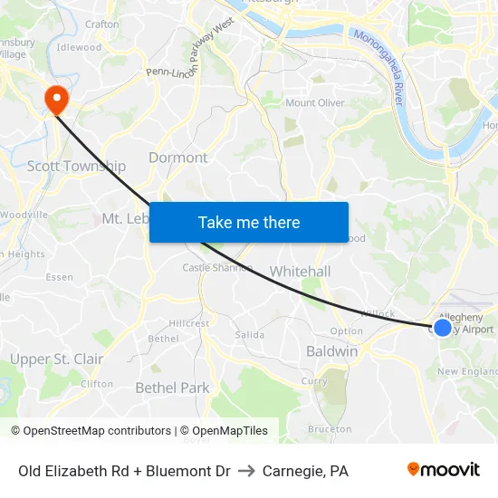 Old Elizabeth Rd + Bluemont Dr to Carnegie, PA map