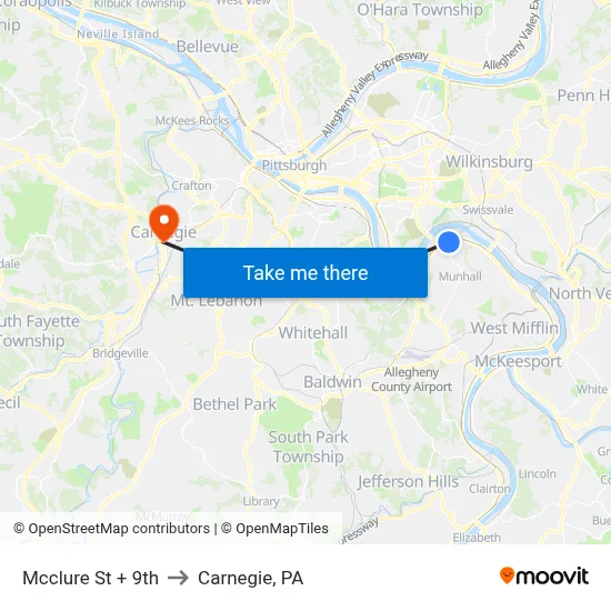 Mcclure St + 9th to Carnegie, PA map