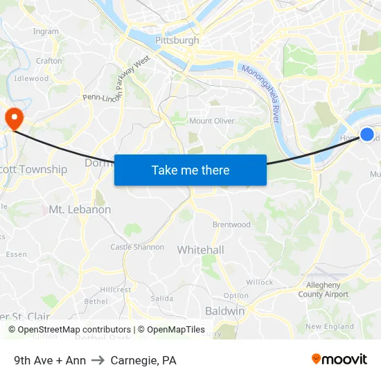 9th Ave + Ann to Carnegie, PA map