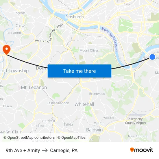 9th Ave + Amity to Carnegie, PA map