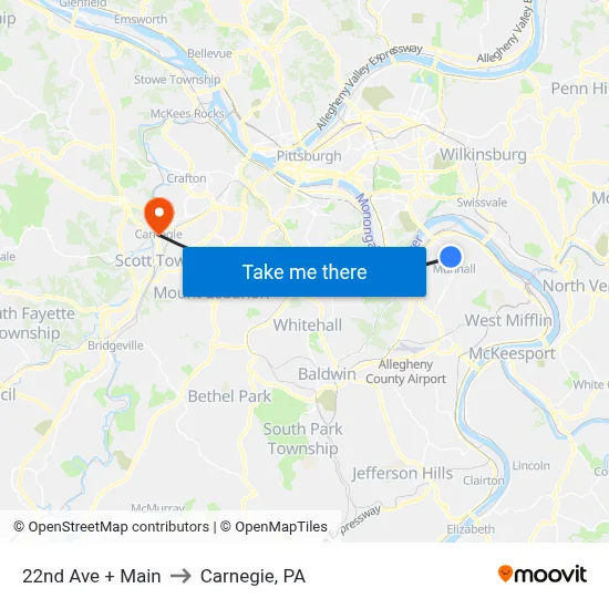 22nd Ave + Main to Carnegie, PA map