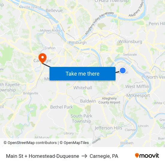 Main St + Homestead-Duquesne to Carnegie, PA map