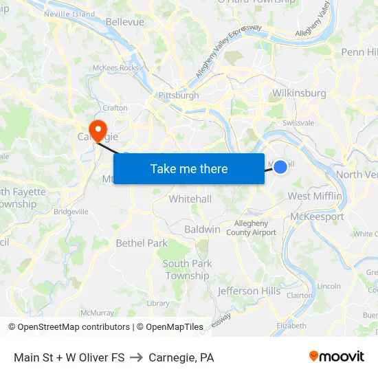 Main St + W Oliver FS to Carnegie, PA map
