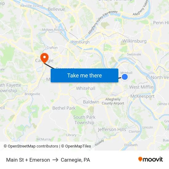 Main St + Emerson to Carnegie, PA map