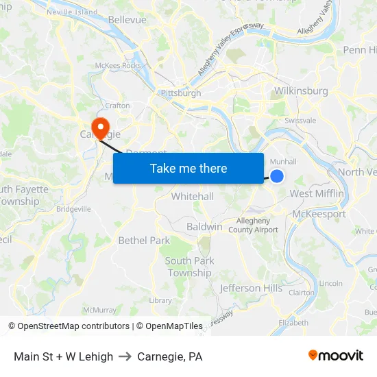 Main St + W Lehigh to Carnegie, PA map
