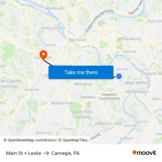 Main St + Leslie to Carnegie, PA map