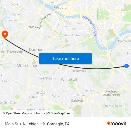 Main St + N Lehigh to Carnegie, PA map