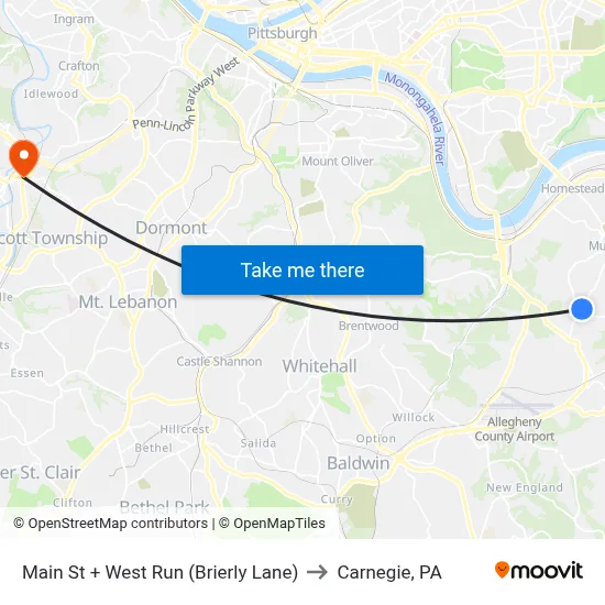 Main St + West Run (Brierly Lane) to Carnegie, PA map