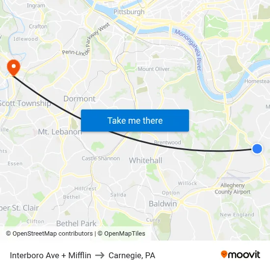 Interboro Ave + Mifflin to Carnegie, PA map