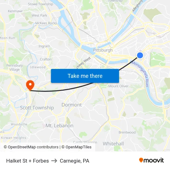 Halket St + Forbes to Carnegie, PA map