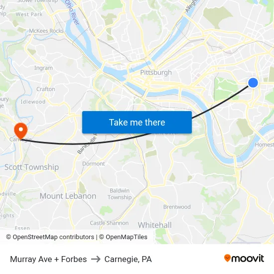 Murray Ave + Forbes to Carnegie, PA map