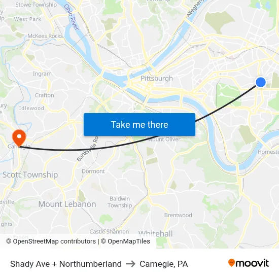 Shady Ave + Northumberland to Carnegie, PA map