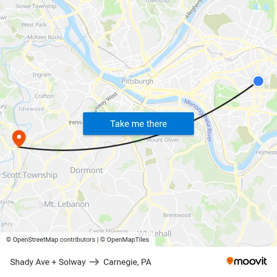 Shady Ave + Solway to Carnegie, PA map
