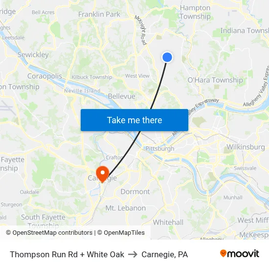 Thompson Run Rd + White Oak to Carnegie, PA map