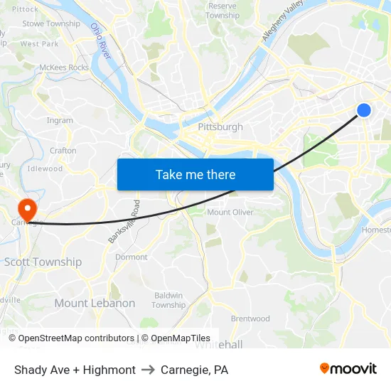 Shady Ave + Highmont to Carnegie, PA map