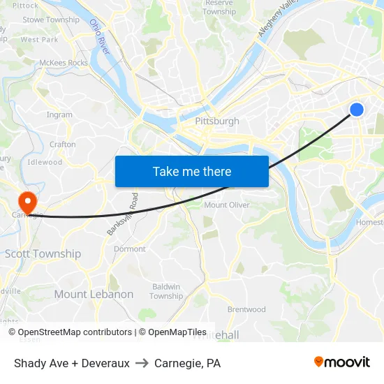 Shady Ave + Deveraux to Carnegie, PA map