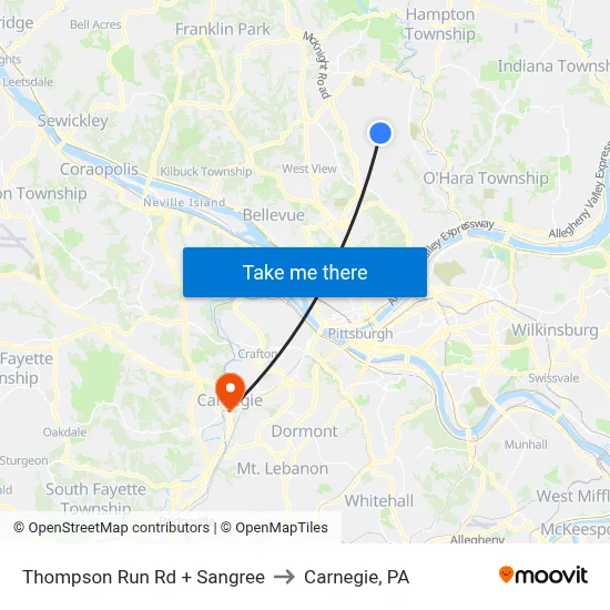 Thompson Run Rd + Sangree to Carnegie, PA map