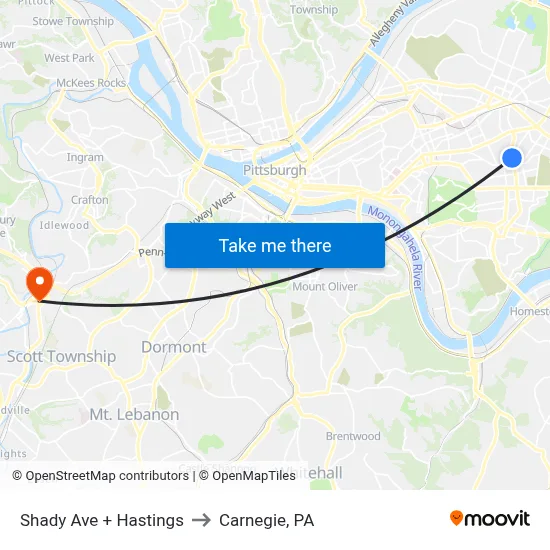 Shady Ave + Hastings to Carnegie, PA map
