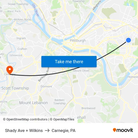 Shady Ave + Wilkins to Carnegie, PA map