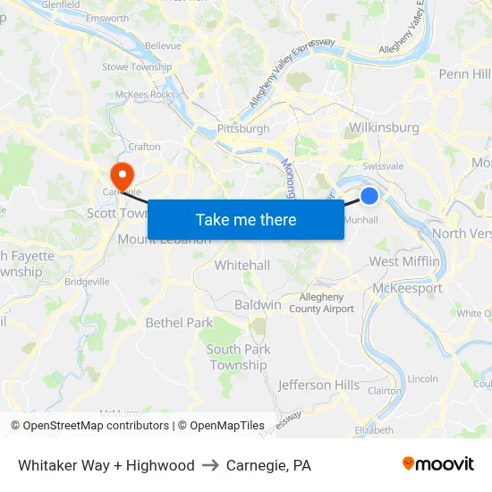 Whitaker Way + Highwood to Carnegie, PA map