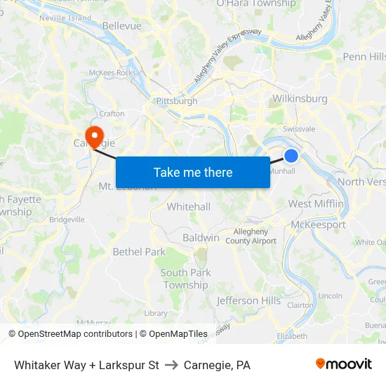 Whitaker Way + Larkspur St to Carnegie, PA map