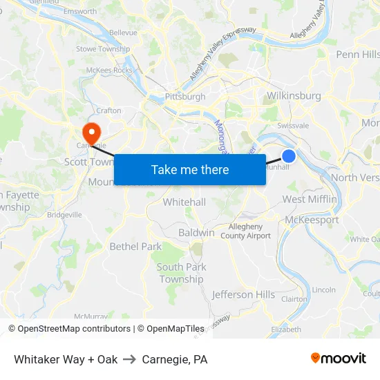 Whitaker Way + Oak to Carnegie, PA map