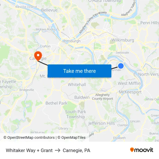 Whitaker Way + Grant to Carnegie, PA map