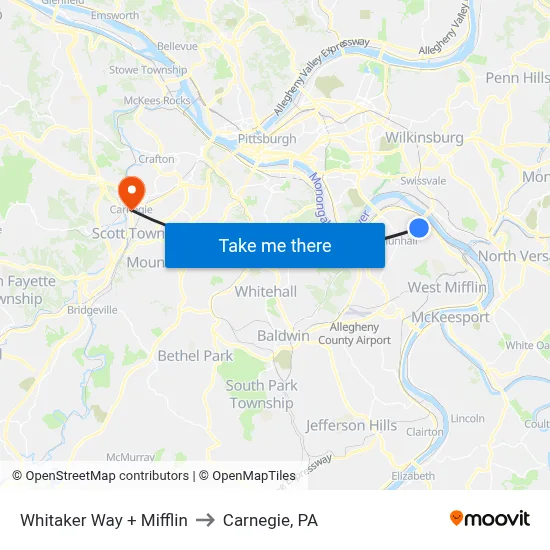 Whitaker Way + Mifflin to Carnegie, PA map