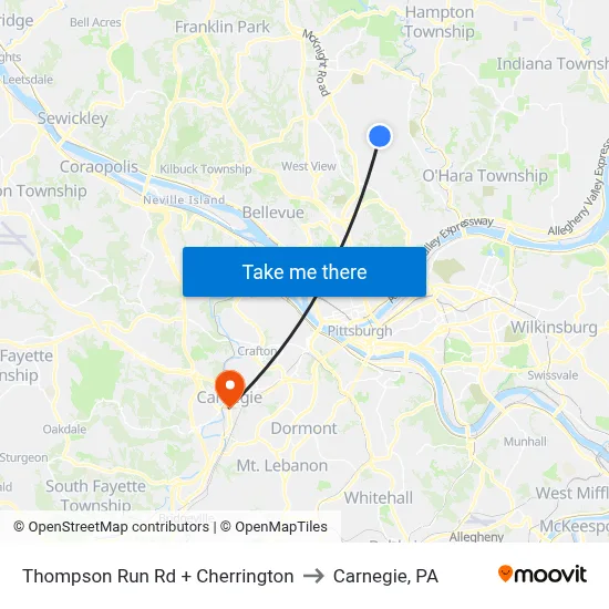 Thompson Run Rd + Cherrington to Carnegie, PA map