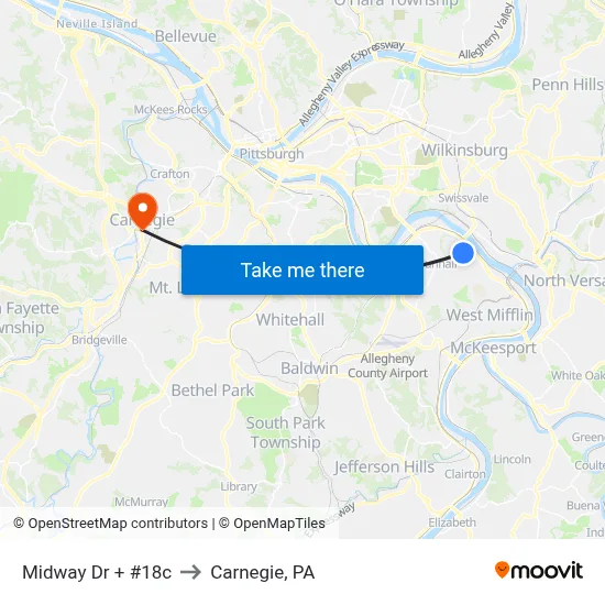 Midway Dr + #18c to Carnegie, PA map