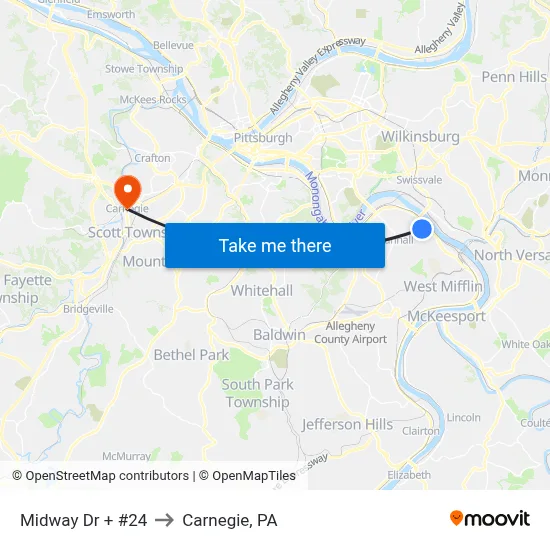 Midway Dr + #24 to Carnegie, PA map