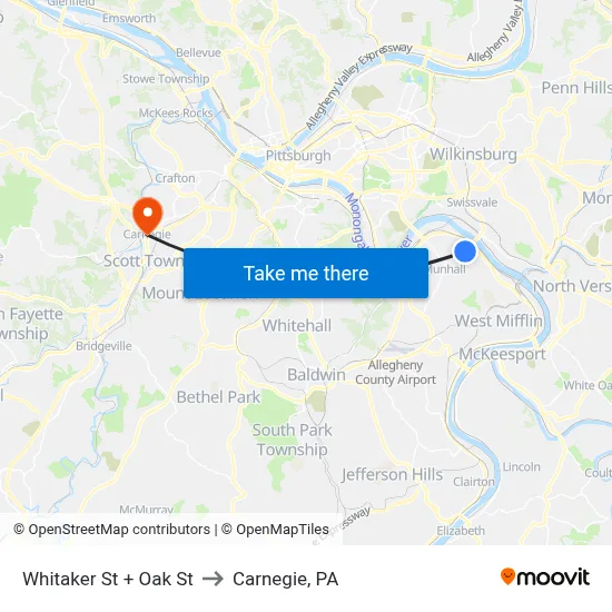 Whitaker St + Oak St to Carnegie, PA map