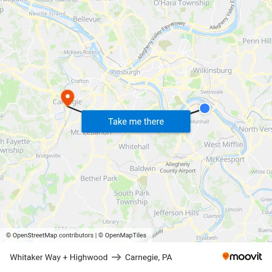 Whitaker Way + Highwood to Carnegie, PA map