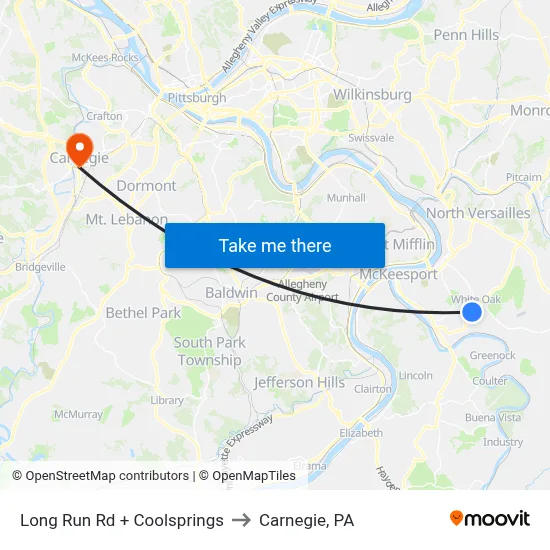 Long Run Rd + Coolsprings to Carnegie, PA map