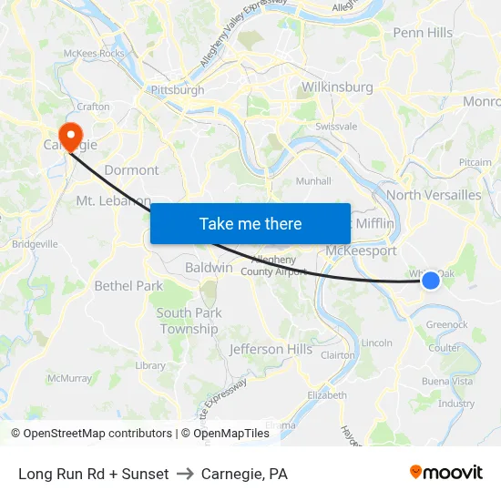 Long Run Rd + Sunset to Carnegie, PA map