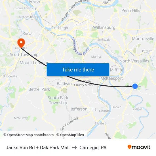 Jacks Run Rd + Oak Park Mall to Carnegie, PA map