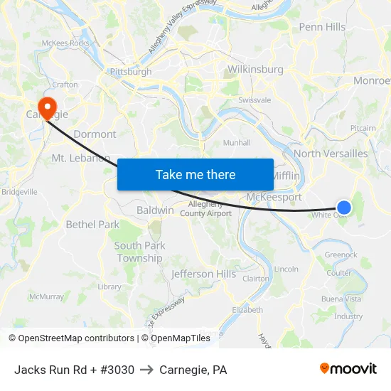 Jacks Run Rd + #3030 to Carnegie, PA map