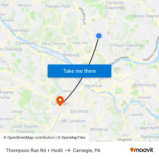 Thompson Run Rd + Hodil to Carnegie, PA map