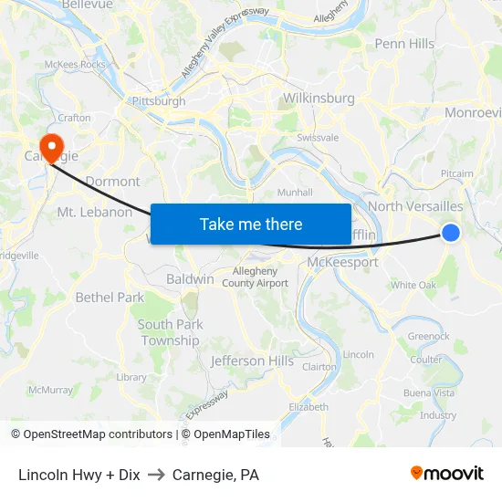 Lincoln Hwy + Dix to Carnegie, PA map