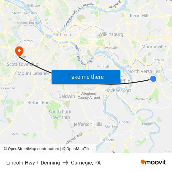 Lincoln Hwy + Denning to Carnegie, PA map